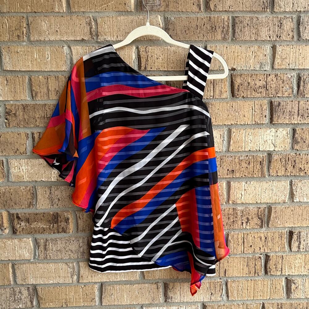 Joseph Ribkoff Asymmetrical One Shoulder Top Abstract Stripe Sheer Overlay Sz2 - Picture 2 of 9